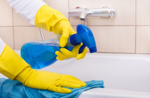 A person cleaning a window with professional equipment